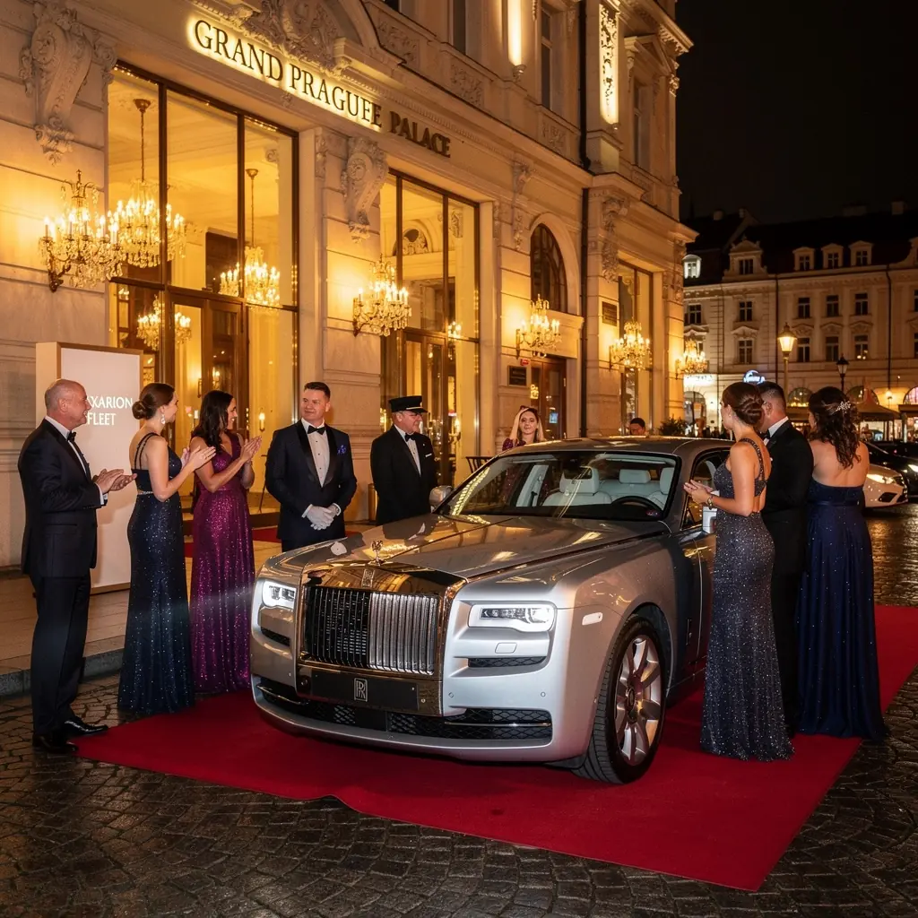 Skupina spokojených zákazníků užívající si jízdu v luxusním vozidle.